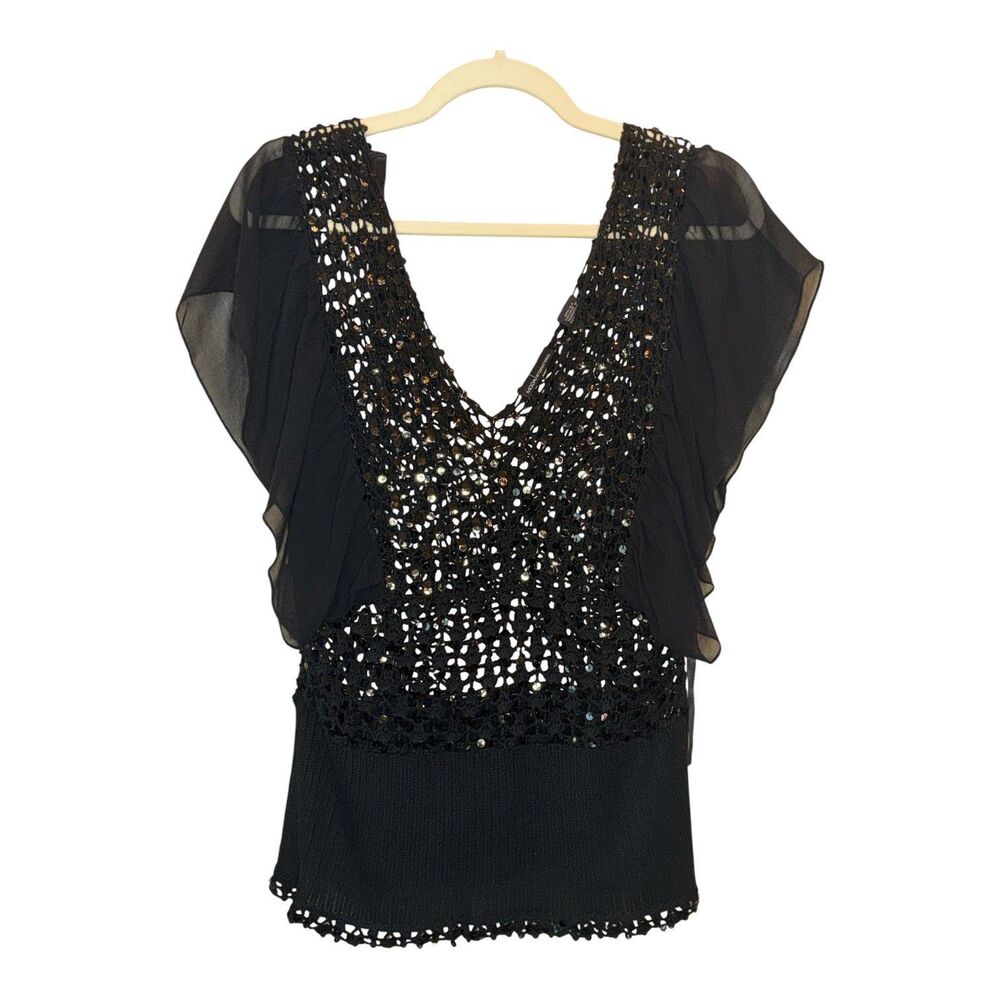 MODA INTERNATIONAL Vintage Y2K 100% Silk Open Knit Crochet Ruffle Sequin Top L
